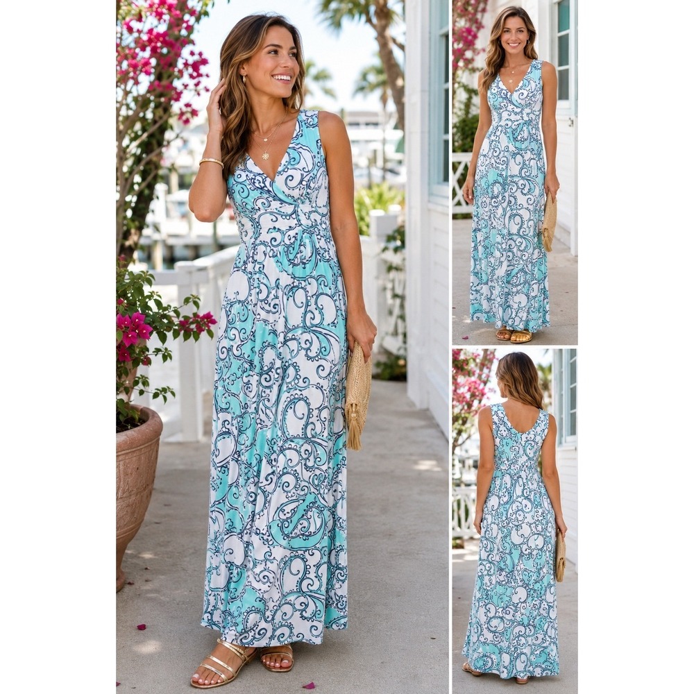 Lilly Pulitzer Blue White Scroll Sloane Maxi Dress XS Sleeveless V-Neckā Jersey